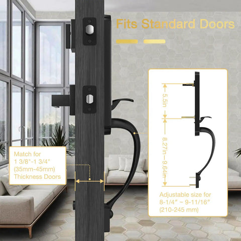 Diagram of Tough As Nails Front Door Handle Set With Deadbolt And Reversible Lever In Matte Black, dimensions shown for standard doors