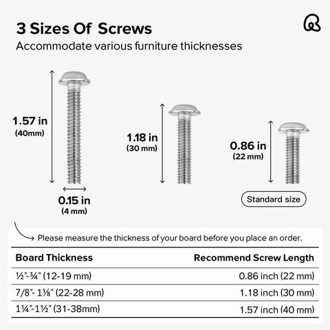 Three sizes of screws for Six Pack Bunny Silver Animal Cabinet Knobs For Cabinets Dressers And Closets, showing lengths in inches and mm.