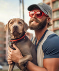 Man in sunglasses wearing All Season Trucker Cap For Men And Women With Adjustable Buckle Cute Stylish Hat holding a dog