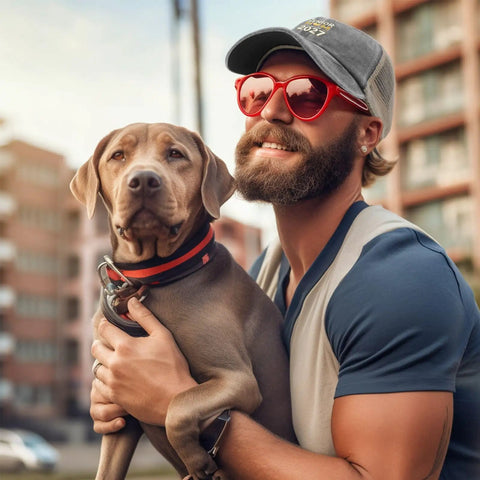Man in sunglasses wearing All Season Trucker Cap For Men And Women With Adjustable Buckle Cute Stylish Hat holding a dog