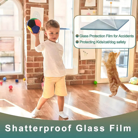 Child playing near window with 4 Mil Clear Security Window Film For Home And Office - Shatterproof Glass Protection.