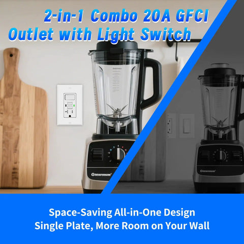 Convenient Dual Function 20 Amp Gfci Outlet With Light Switch Combo Self Test Tamper Resistant Gfi Receptacle White in kitchen setting.