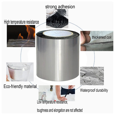 Self Adhesive Polymer Modified Bitumen Roofing Tape with Thick Aluminum Foil for Waterproofing Sheds Rock Solid Leak Repair Heavy Duty Insulation Roll 8 Inches X 16 Feet on a roll with features highlighted.