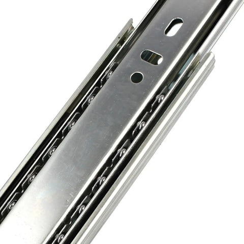 Close-up of silver tone metal 13-Inch Three-Section Side Mount Telescoping Drawer Slides With Ball Bearing Dampers, 2 Pack.