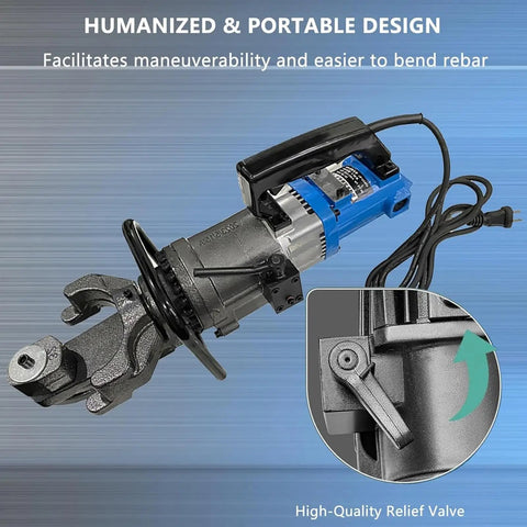 Heavy Duty Hydraulic Rebar Bender With Powerful 2000w Motor For Easy Bending And Straightening Up To 1.25 Inch Steel Rods In Just Seconds, showcasing portable design.