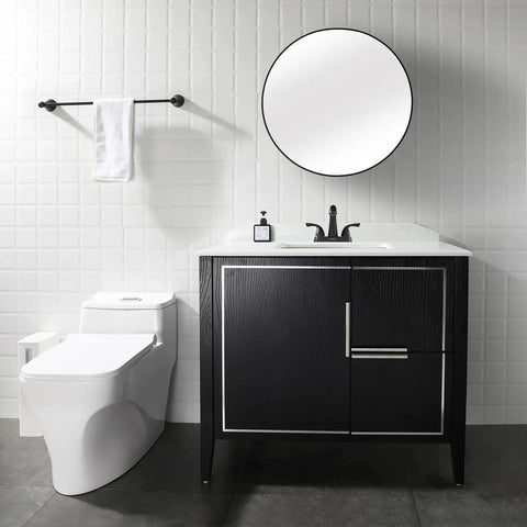 Two-Handle Bathroom Sink Faucet With Oil Rubbed Bronze Finish, Lead-Free Deck Mounted, on modern vanity with round mirror