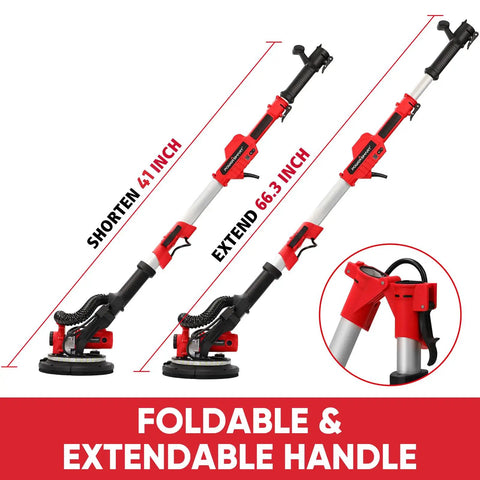 Drywall Sander With Vacuum Attachment 800W Power showing extendable handle from 41 to 66.3 inches in red with foldable design.