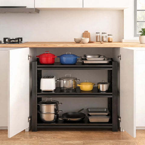 Three Tier Kitchen Storage Rack For Pots And Pans Adjustable Metal Organizer Shelf under kitchen counter, holding colorful pots and pans
