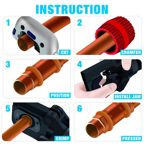 Hydraulic Copper Tubing Press Tool Kit With One Half Inch, Three Quarter Inch And One Inch Propress Fittings Plus Copper Tubing Cutter And Chamfer Tool For Quick, Leak Free Plumbing Jobs instructions