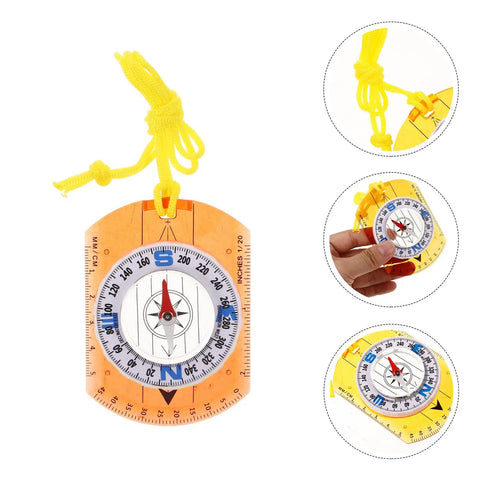 Orange Survival Compass With Lanyard For Hiking And Camping, featuring a luminous compass dial and ruler markings, shown handheld.