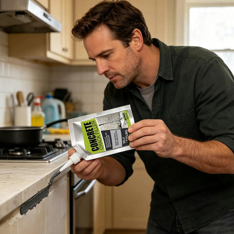 Man using Rock Solid Concrete Crack Filler Fast Setting Blend for repairs on countertop, showing flexible waterproof seal.