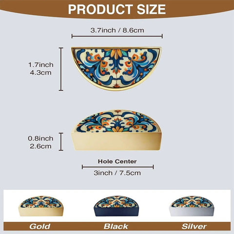 Size guide for 2 Pack Orange Blue Baroque Tile Cabinet Handles Semicircle Drawer Pulls 3 Inch Center Hole Solid Zinc Alloy Hardware