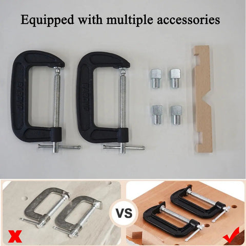 Rock Solid Portable Woodworking Vise And Straight Up Adjustable Bench Table With Hardcore Steel Clamps For Garage Studio Home Workshop Or Shop Diy Uses, accessories and clamps displayed.