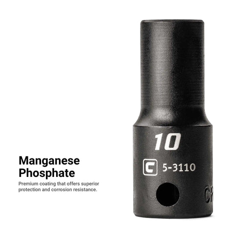 Single socket from Three Eighth Inch Drive Shallow Semi Deep And Deep Impact Socket Set Metric Eight To Twenty Two Millimeter 45 Piece Premium Chrome Molybdenum Steel Coated with manganese phosphate coating.
