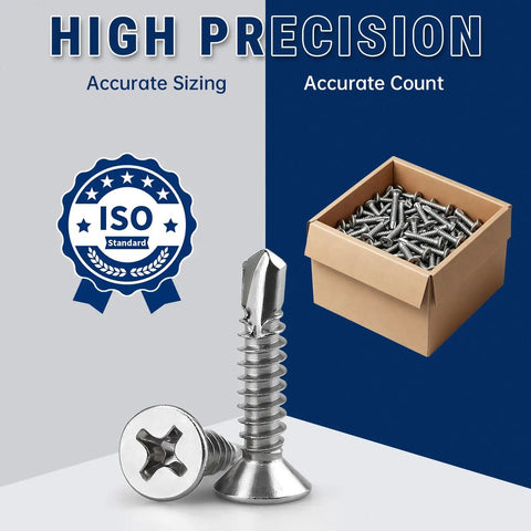 Number Ten By Three Quarter Phillips Flat Head Stainless Steel 410 Self Drilling Self Tapping Screws Heavy Duty Countersunk Fasteners for Auto Panels and Metal Framing One Hundred Pack in ISO standard with box.