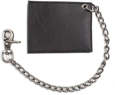 Rugged RFID Leather Bifold Chain Wallet For Men In Pebbled Black with heavy duty chain and hook, shown flat on a white background.