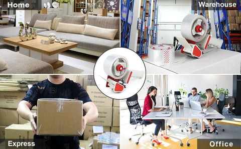 Image of Heavy Duty Packing Tape Dispenser With Clear Shipping Rolls Quick Release Tape Gun showing usage in home, warehouse, office, and express settings.