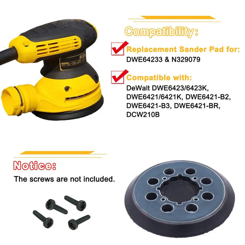 5 Inch 8-Hole Hook And Loop Sanding Pad Replacement Set with sander, pad, and screws, compatible with DWE6423 DWE6421 Series and DCW210B