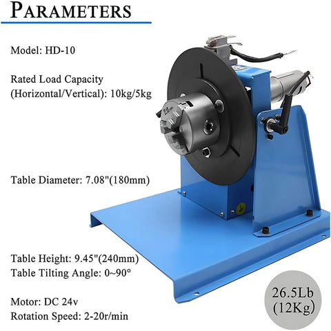 Top Shelf Rotary Welding Positioner With 90 Degree Tilt Table And Smooth 180Mm Turntable Coupled With Built Tough 65Mm Chuck, HD-10 model.