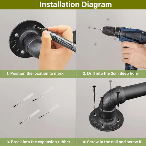 Installation steps for 12ft Galvanized Steel Stair Railing Kit With Iron Balusters showing drilling and mounting process.