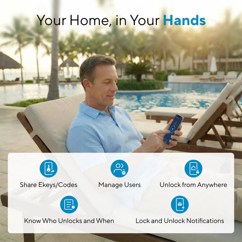 Man relaxing beside pool using smartphone to manage Heavy Duty Wireless Smart Deadbolt Featuring Slick Touch Interface And Hella Secure Biometric Scanning Plus No Sweat Wifi Pairing For Rock Solid Home Safety Upgrades.