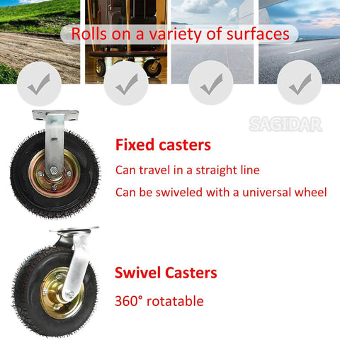 Heavy Duty Swivel Casters With Thick Rubber Pneumatic Wheels 4 Pack showing fixed and swivel casters for multi-surface use.