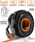 Heavy Duty Synthetic Winch Rope Kit Half Inch By Ninety Two Feet With Forged Hook Isolator Rubber Stopper And Safety Pull Strap 31500 Lbs Break Strength UHMWPE Braided 12 Strand Cable Replacement coiled and labeled with features.