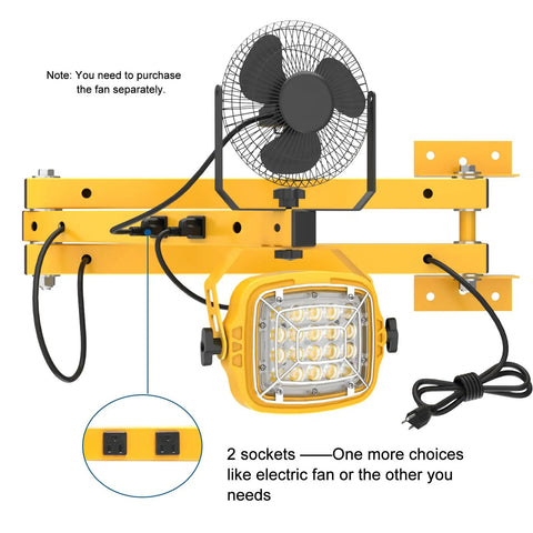 Ultra Bright 30W LED Dock Light with 40 inch folding double arm and built-in receptacle, 4200 lumens, fan attachment shown