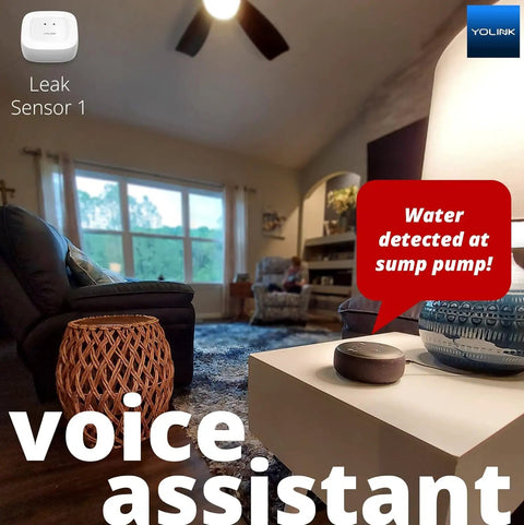 Living room with Smart Home Starter Kit With Hub And Three Water Leak Sensors, LoRa Range Up To One Quarter Mile Open Air, alerts on table.