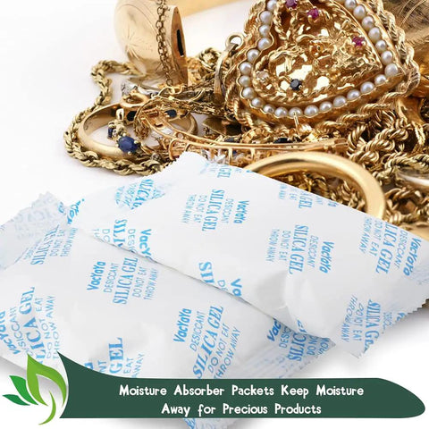Rock Solid Food Grade Silica Gel Desiccant Packets One Gram Each With Two Hundred Fifty Total Sachets Among Jewelry To Prevent Moisture.