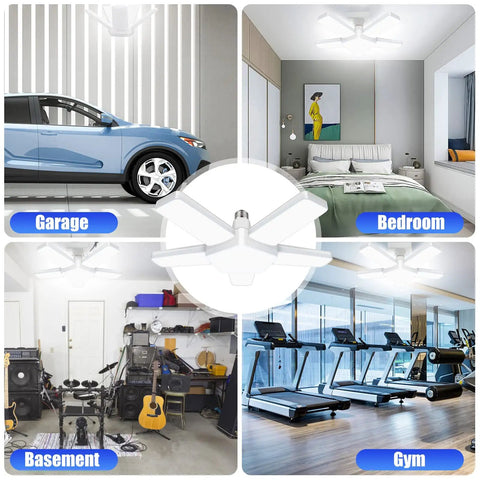 Ultra Bright LED Garage Lights 4 Pack With 100W Power, 10000 Lumens, 6500K Daylight, E26 E27 Ceiling in different rooms.