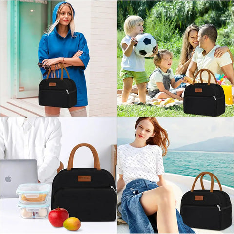 Insulated Lunch Bag For Work Travel And School Leakproof 10L Tote with Oxford fabric displayed in various lifestyle scenes.