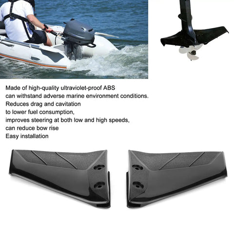 Outboard Hydrofoil Stabilizer Kit For 4 To 50 HP Motors featuring two black fins, boating on water; easy bolt-on installation shown.