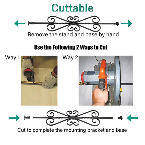 Heavy Duty Iron Square Railing Posts With 270 Degree Swivel Bracket And Flat Mount Shoe showing cutting instructions and tools for installation.