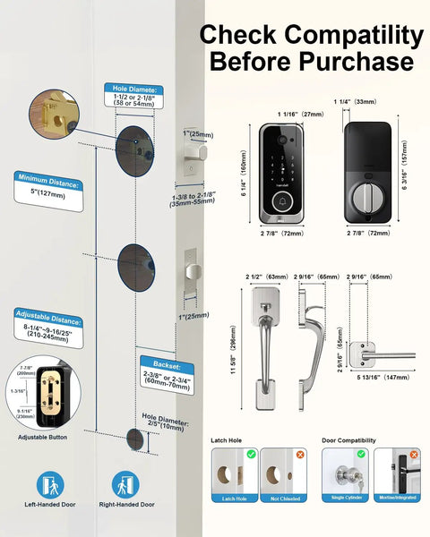 Installation guide for No Sweat Smart Front Door Lock With 2K HD Camera Video Doorbell Kit showing measurements and compatibility.