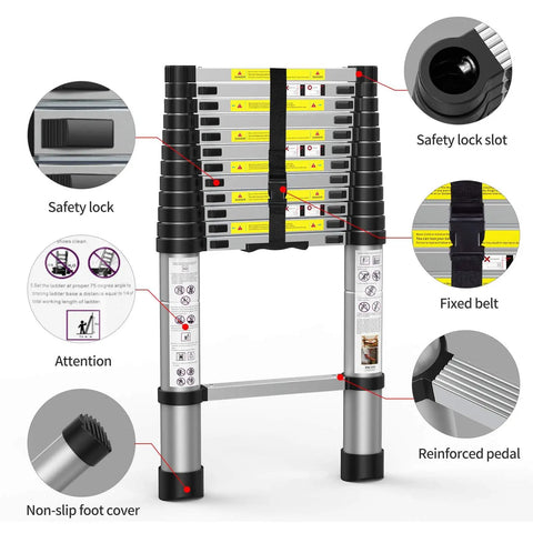 Image of 8.5Ft Telescoping Ladder Workhorse Portable Aluminum Extension Ladder with safety locks, reinforced pedals, non-slip feet.