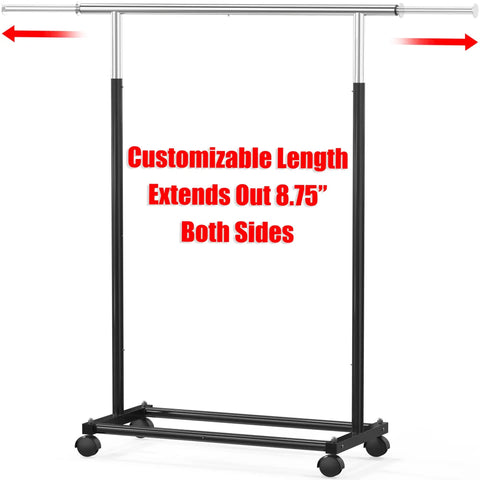 Heavy Duty Steel Clothing Rack With Extensible Top Rod And Chrome Accents In Slick Black Paint Built Solid For Dorm Life And Cramped Closets Easy Setup Rack To Hang All Your Threads Stress Free with sliding rod extended.