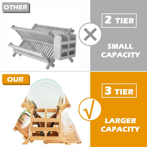 Heavy Duty Bamboo Dish Drying Rack Three Tier Collapsible Wooden Drainer With Utensil Holder showcasing larger capacity compared to 2-tier rack.