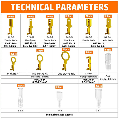 Technical parameters of Pro Grade Open Barrel Crimping Tool Kit With Ratcheting Crimper And 10 Size Spade And Ring Terminal Connectors