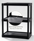 Detail of Tough As Nails 3 Tier Plastic Storage Shelves, flat easy-to-clean surface, freestanding organizer for garage and office.