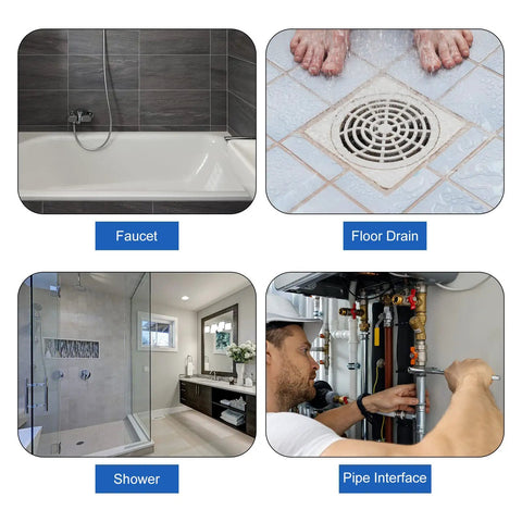 Collage showing faucet, floor drain, shower, and pipe interface installation areas.