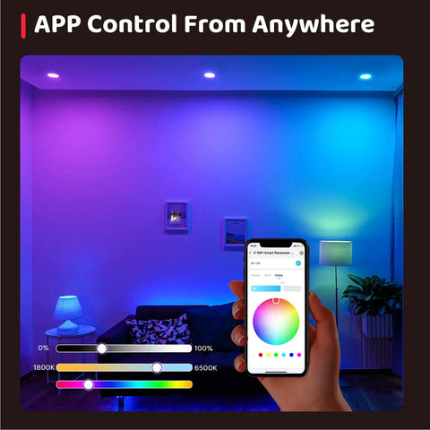 Living room with color-changing light from Four Pack Smart 4 Inch Recessed RGBTW LED Downlights With WiFi App Control on phone screen.