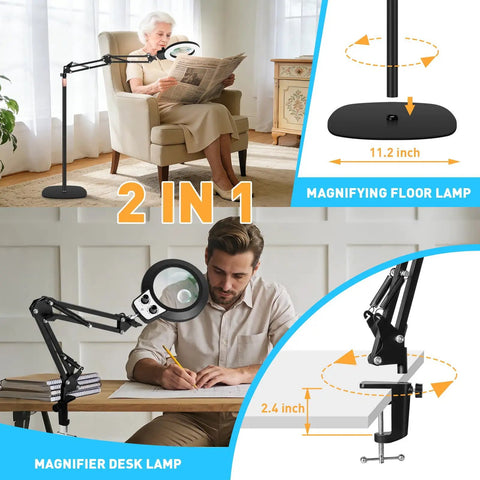 2 In 1 Floor Magnifying Glass With Light And Stand with dual knob dimmable 12X and 30X magnifier for workbench and desk use.