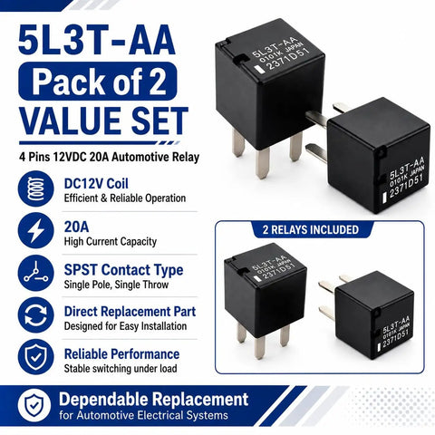 Ford Oil Pump Starting Relay 12V DC 20A, 4 Pins, Replacement Pack of 2 for 5L3T-AA, Compatible With Ford Vehicles, High Quality Automotive Relay for Reliable Engine Start and Long Lasting Performance. Pack of two black 4-pin relays
