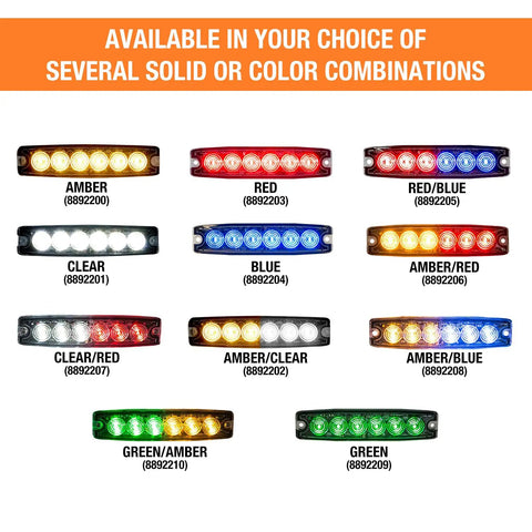 Five Inch Amber Ultra Thin Led Strobe Warning Light Featuring 23 High Visibility Flash Patterns And Low Profile Surface Mount available in amber, red, blue, and green colors.