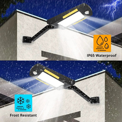 Outdoor Solar Flood Lights 48 LED Cordless Waterproof With Motion Sensor Adjustable Vertical 120 Degrees And Horizontal 180 Degrees Angles Security Lighting For Deck Fence Patio Front Door Yard Shed Path 4 Pack No Fuss Setup, displaying weather resistance in rain.