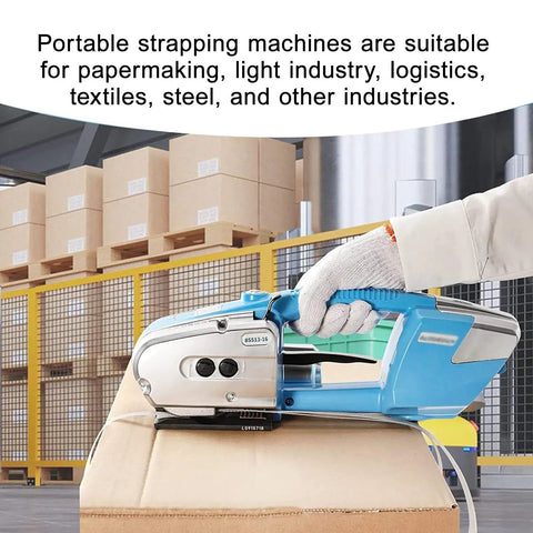 Warehouse worker using Electric Strapping Machine With 3000mAh Battery Automatic Banding Tool for packaging box