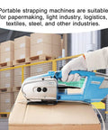 Battery-Powered Electric Strapping Machine For PP PET Straps used on cardboard boxes in industrial setting, gloves included