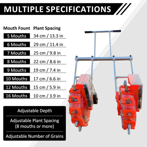 Adjustable Dual Row Hand Push Seeder Planter with 12 Openings and Double Row Design, red and metal configuration shown