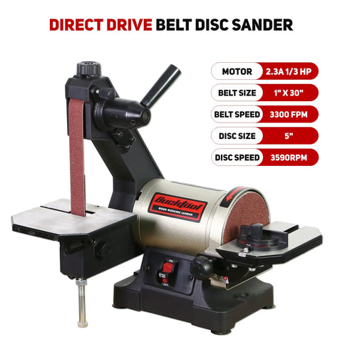 1x30 Inch Bench Belt Sander With 5 Inch Disc, Wrench Storage, One Button Belt Cover Removal, One Third HP Direct Drive Benchtop Sander